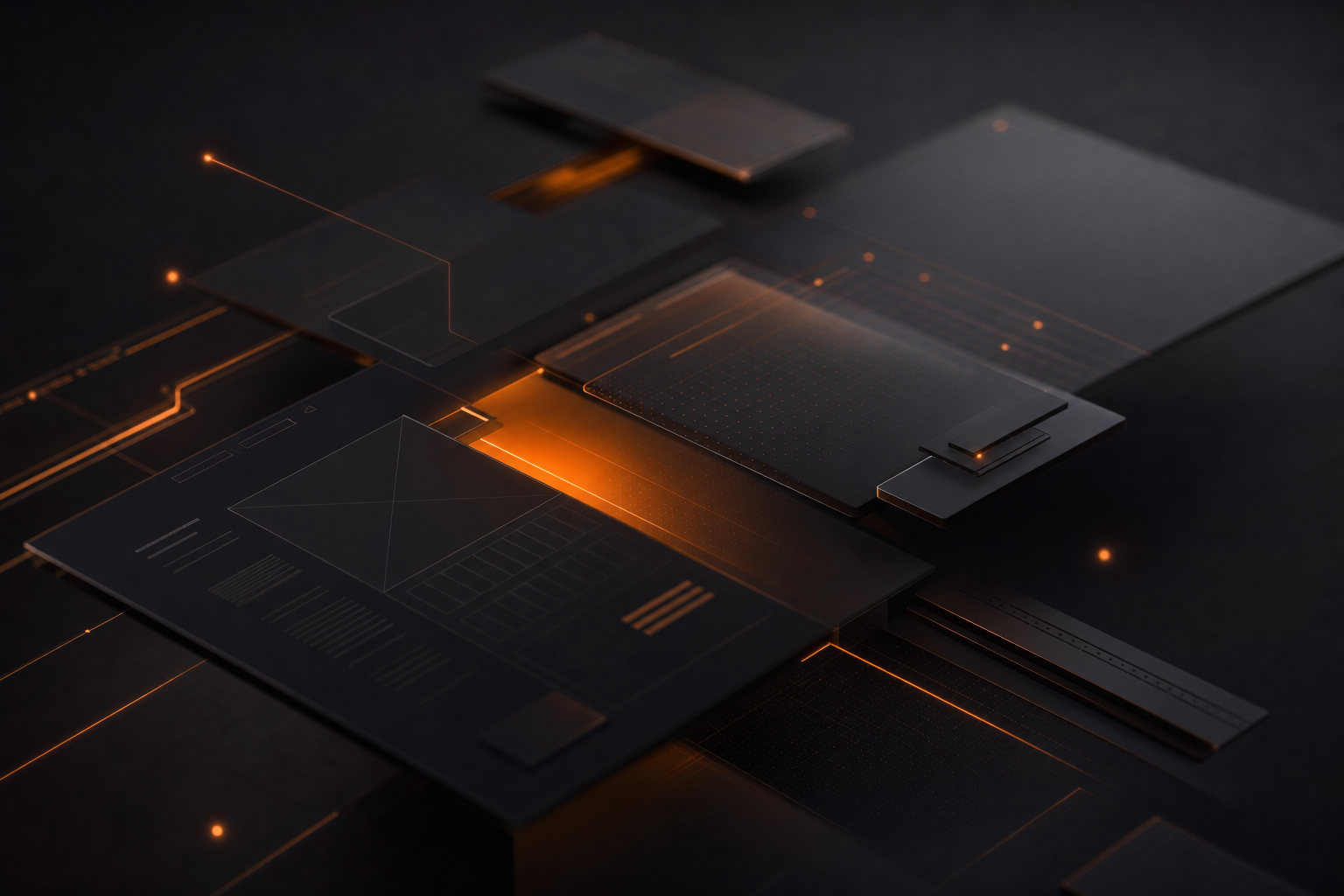 Abstract layered dark panels with a burnt-orange light seam, representing layered application interfaces