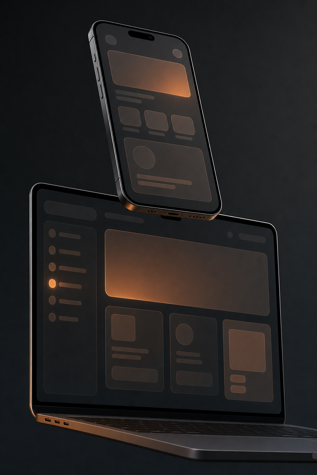 Mockup of a mobile app screen and a laptop dashboard screen with warm orange accent UI blocks