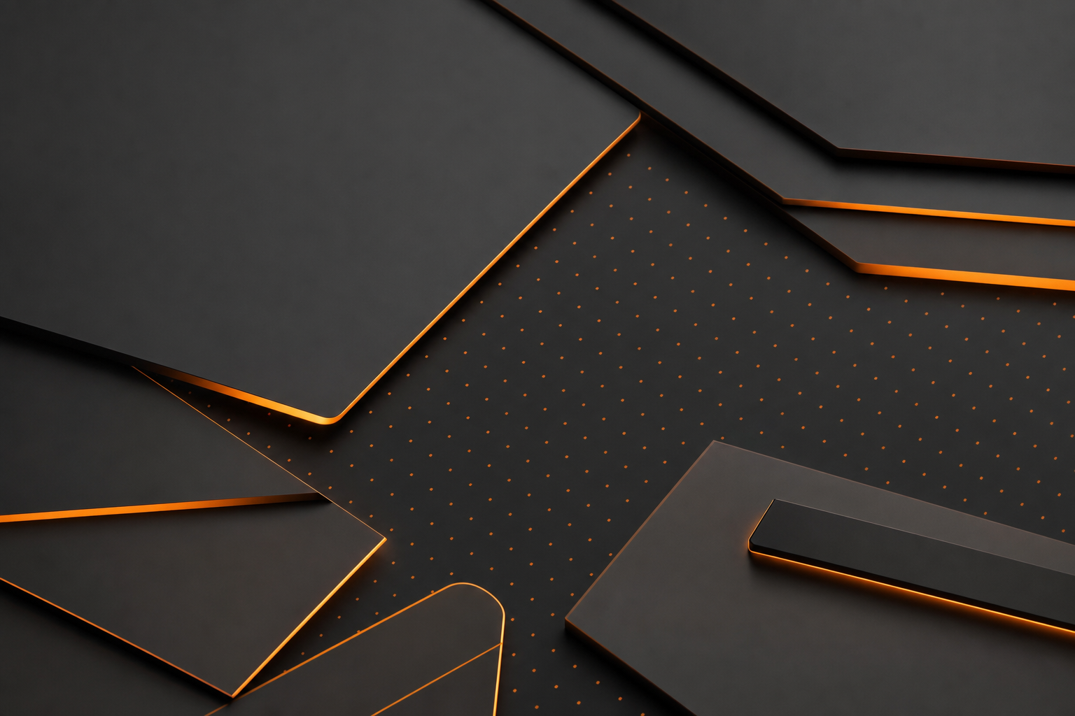 Abstract layered geometric panels with dotted grid texture and orange edge lighting